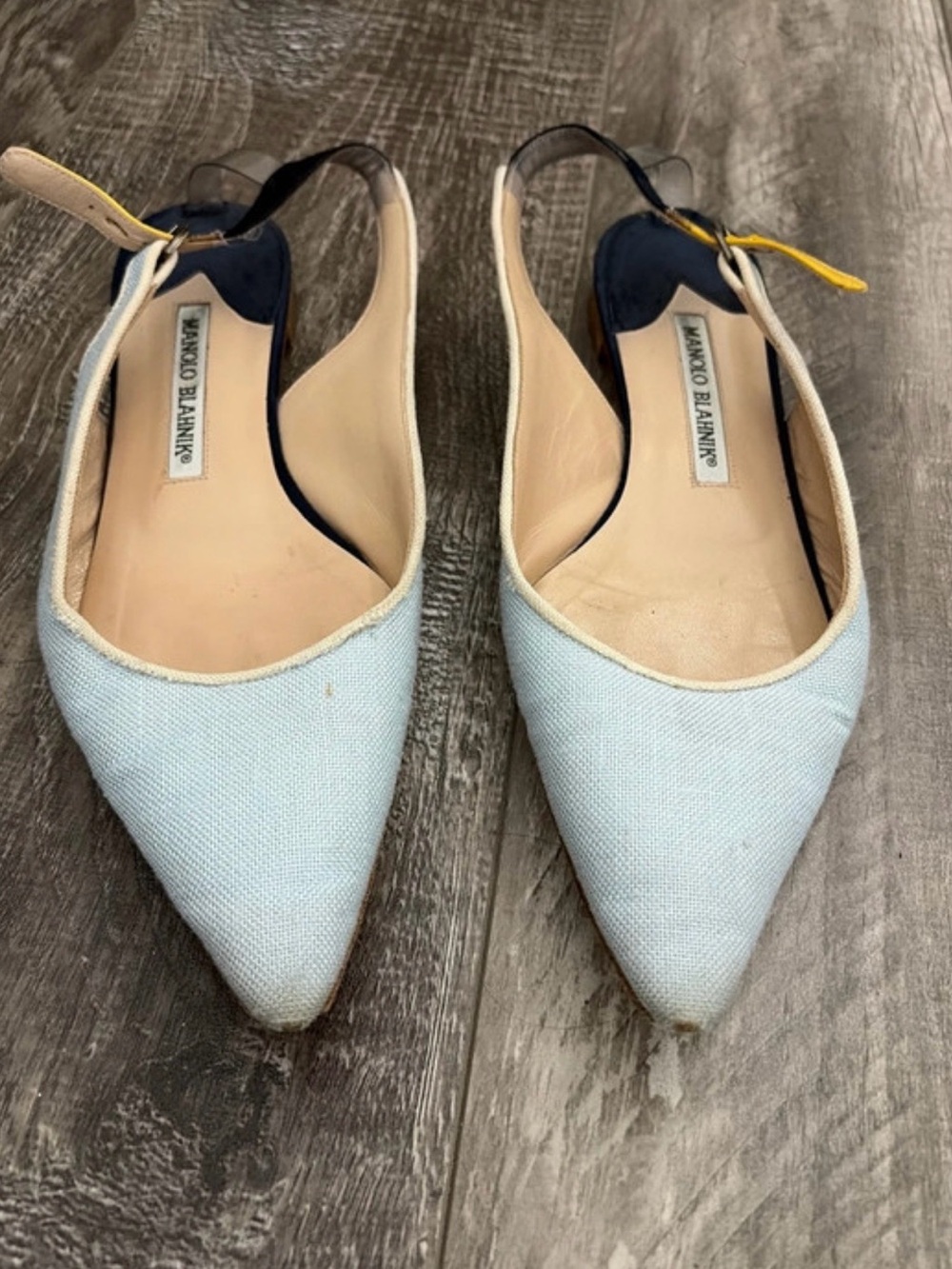 Manolo blahnik blue sling back flats with duster bag and shoe box (size 37.5)